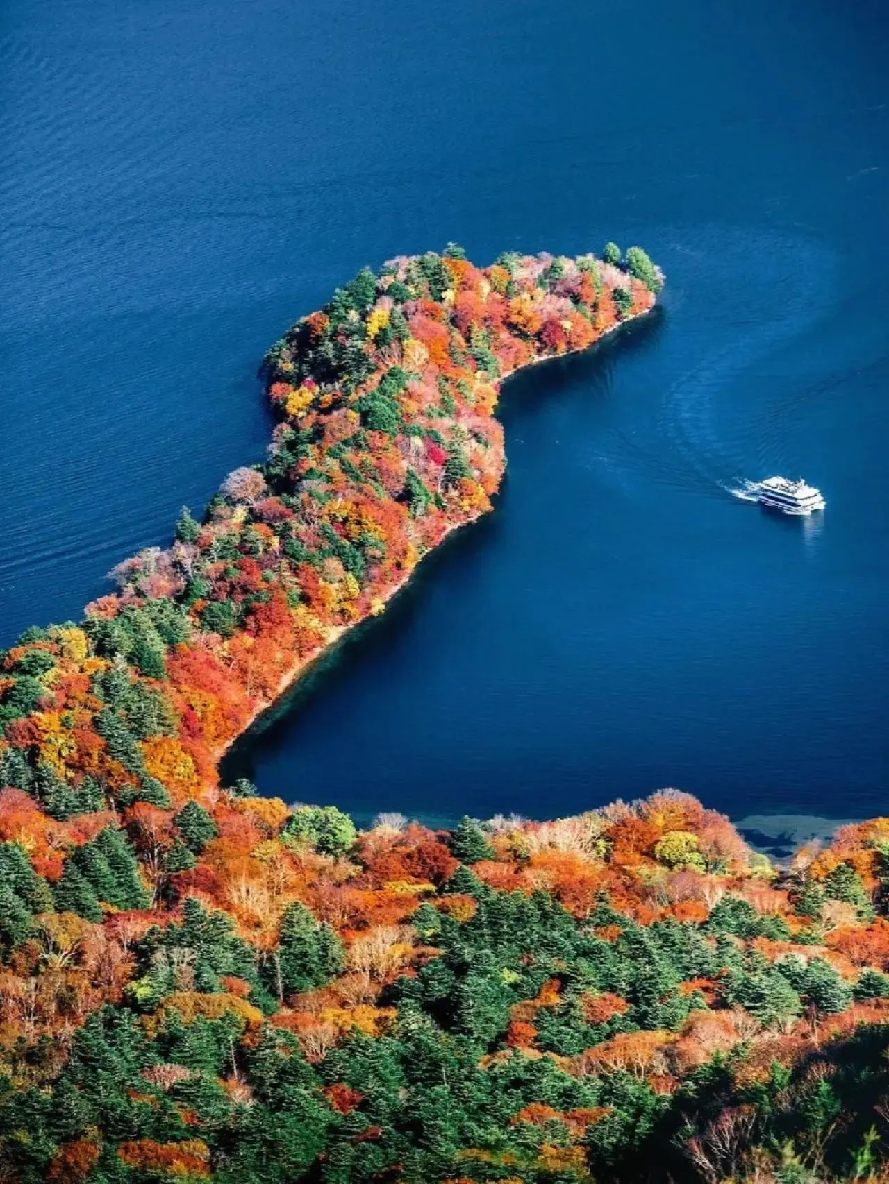 Lake Chuzenji from the air in autumn, with a tour boat