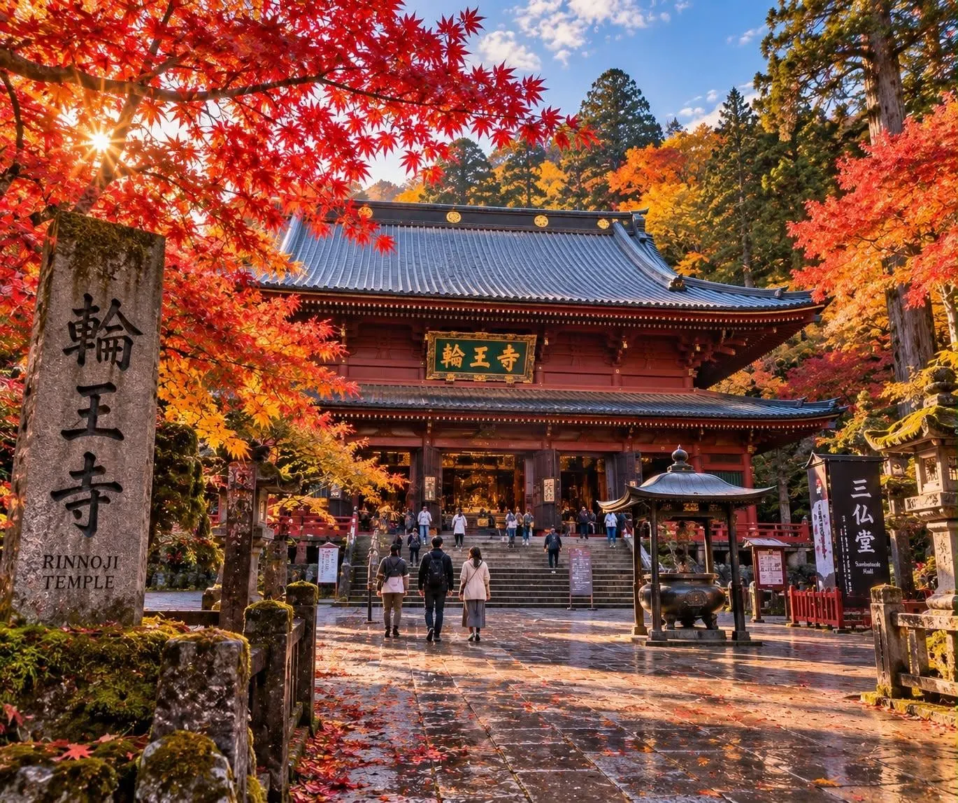 Rinnoji Temple’s Sanbutsudo hall in autumn