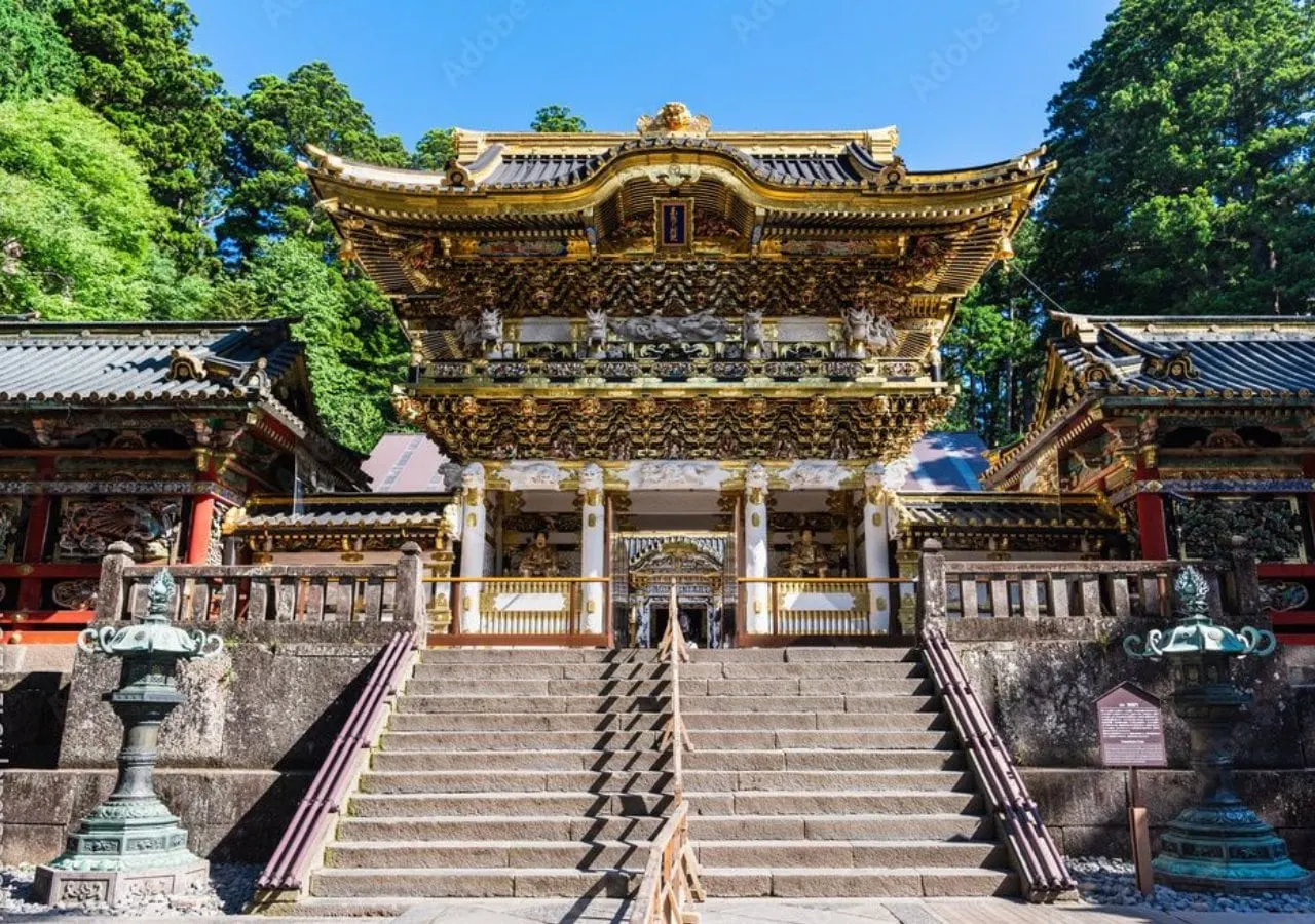 Stone steps up to the Yomeimon gate at Toshogu Shrine
